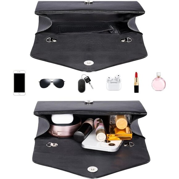 🆕Women's Black Vegan Leather Envelope Clutch Purse Evening Bag with Chain Strap - Picture 6 of 7